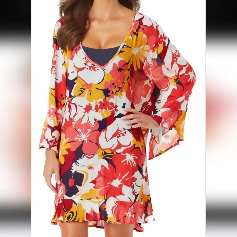 Anne Cole Signature Women's Wallflower V-Neck Cover-Up Tunic Top Size Medium